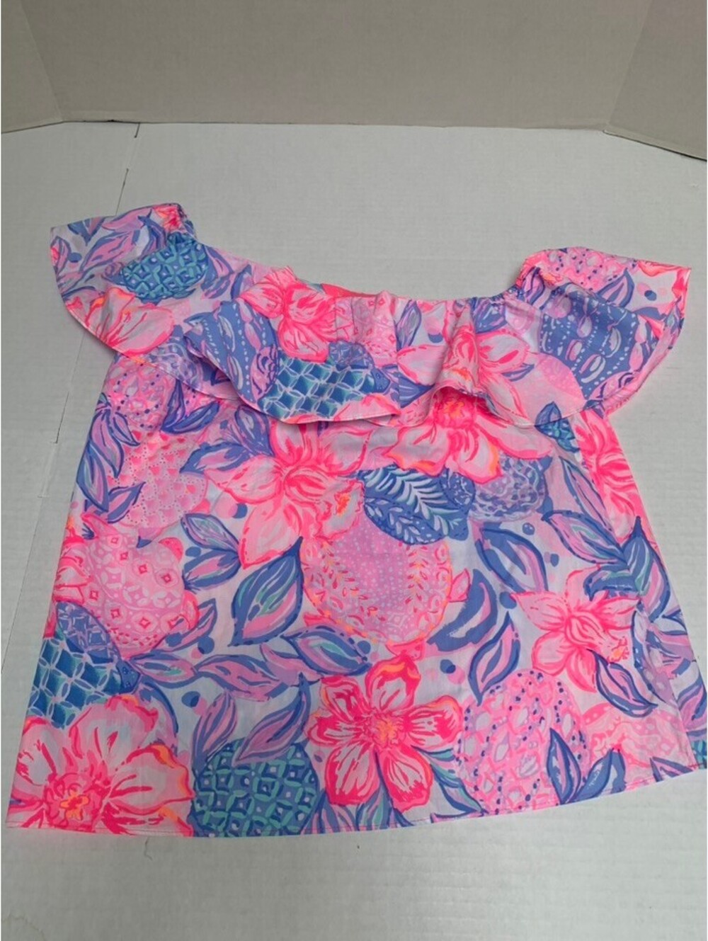 NWT Lilly Pulitzer Zeldie One Shoulder Ruffle Cotton Top Blouse XS Pink Blue